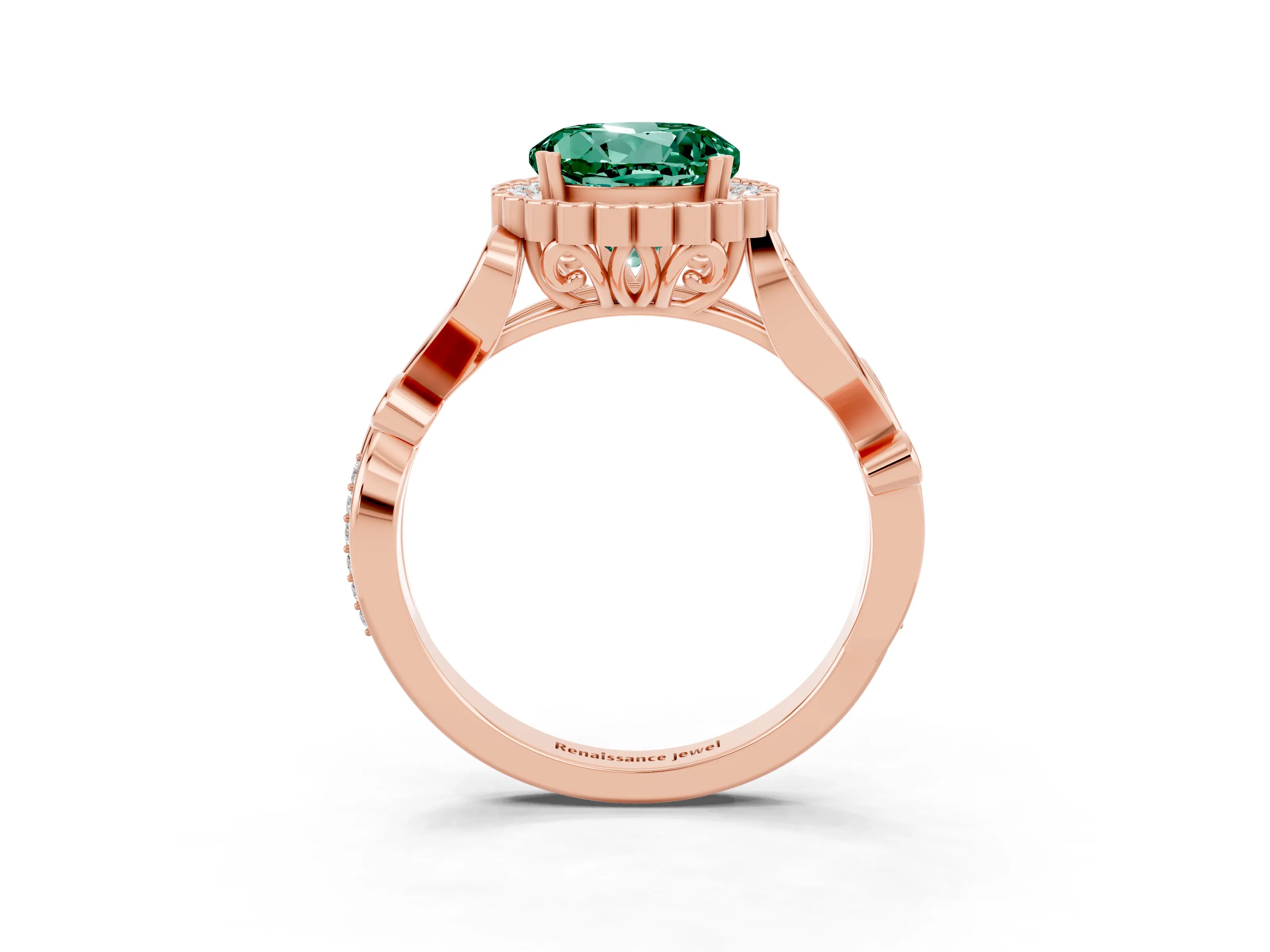 Rose gold Round Cut Green Sapphire Halo Ring with Vintage Split Shank and Four-Prong Setting_27