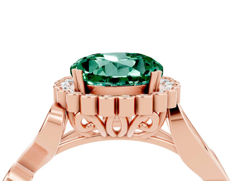 Rose gold Round Cut Green Sapphire Halo Ring with Vintage Split Shank and Four-Prong Setting_28