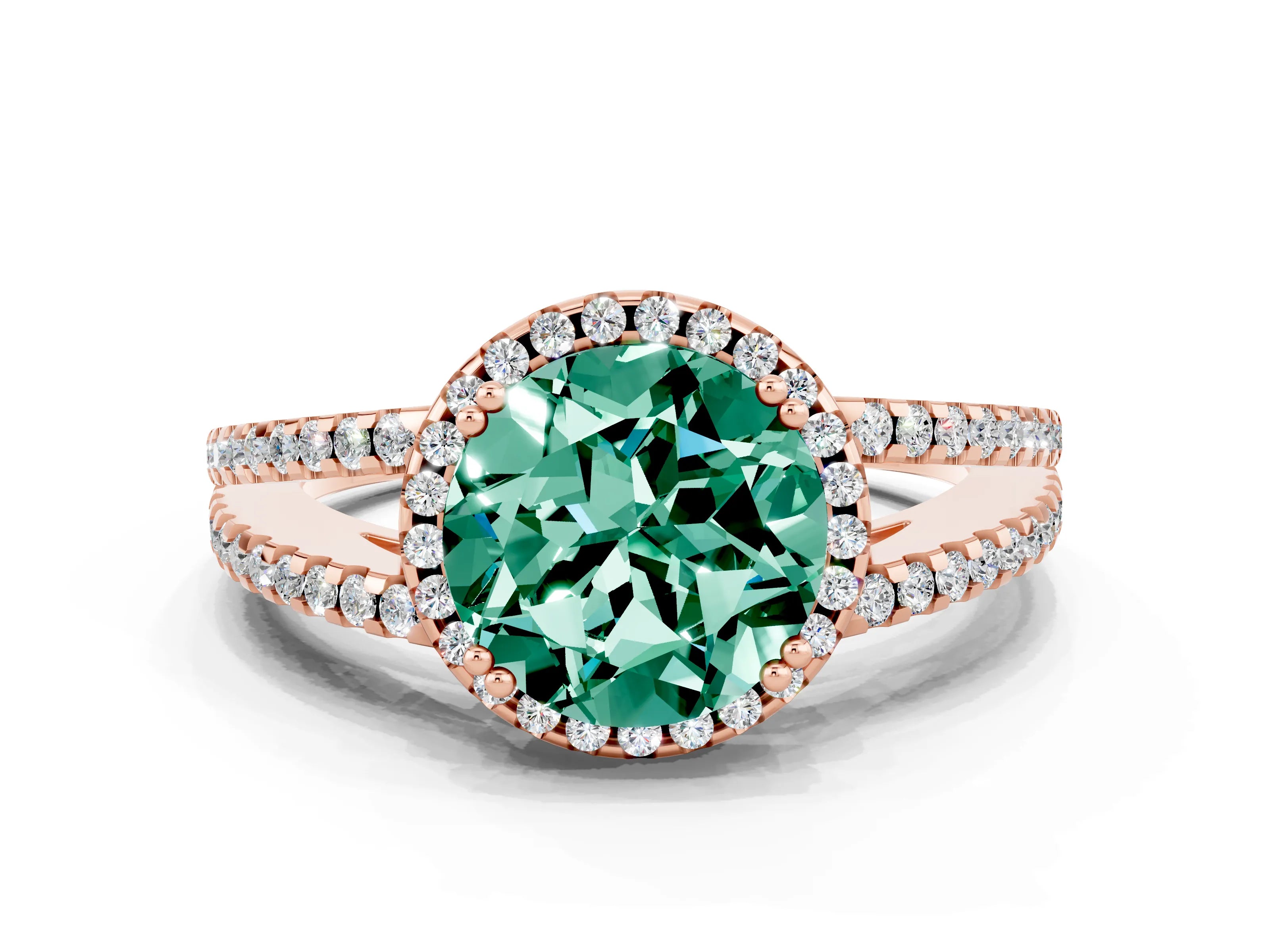 Rose gold Round Cut Green Sapphire Halo Split Shank Engagement Ring_12