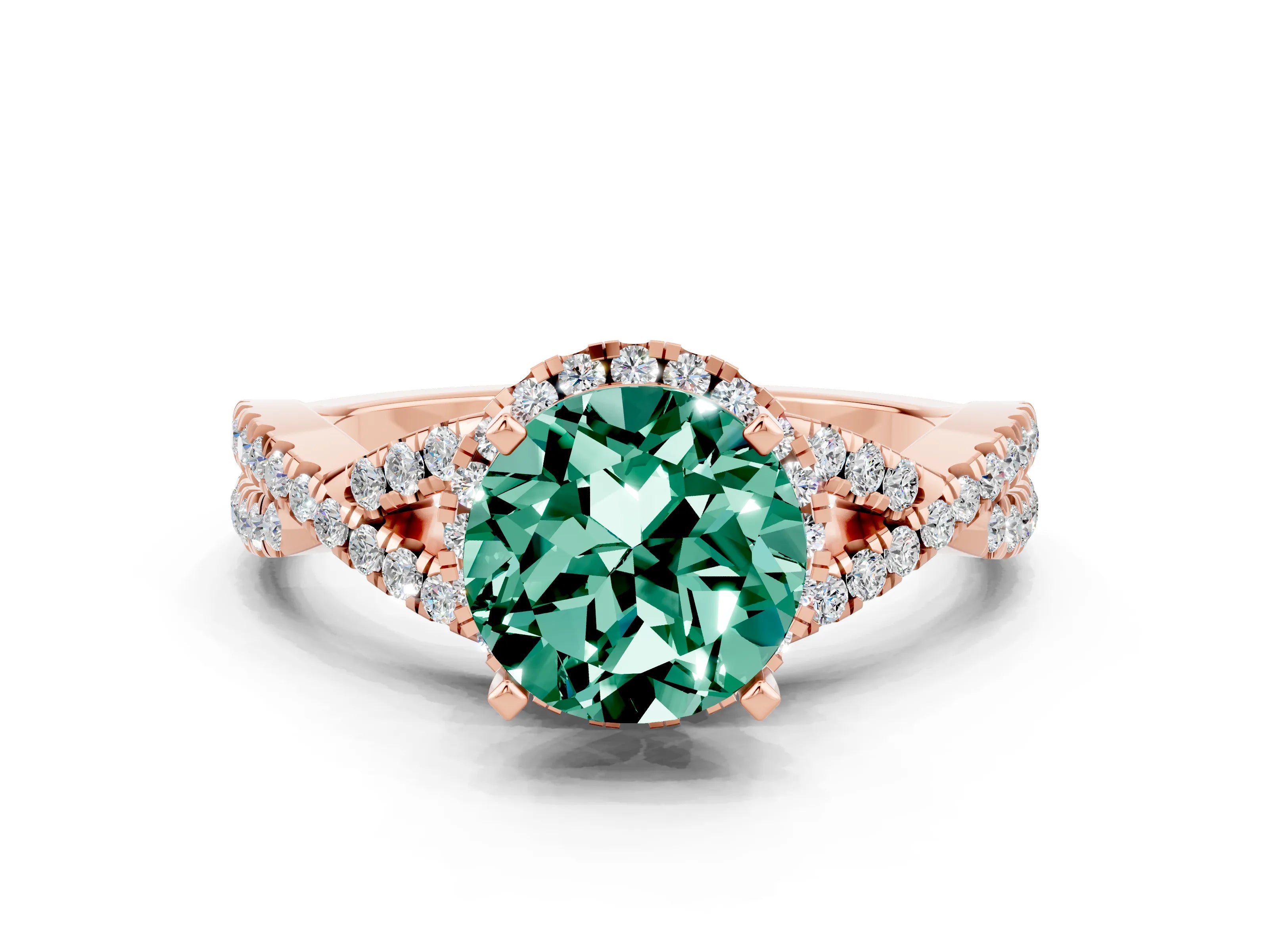 Rose gold Round Cut Green Sapphire Halo Twist Band Solitaire Prong Setting Ring