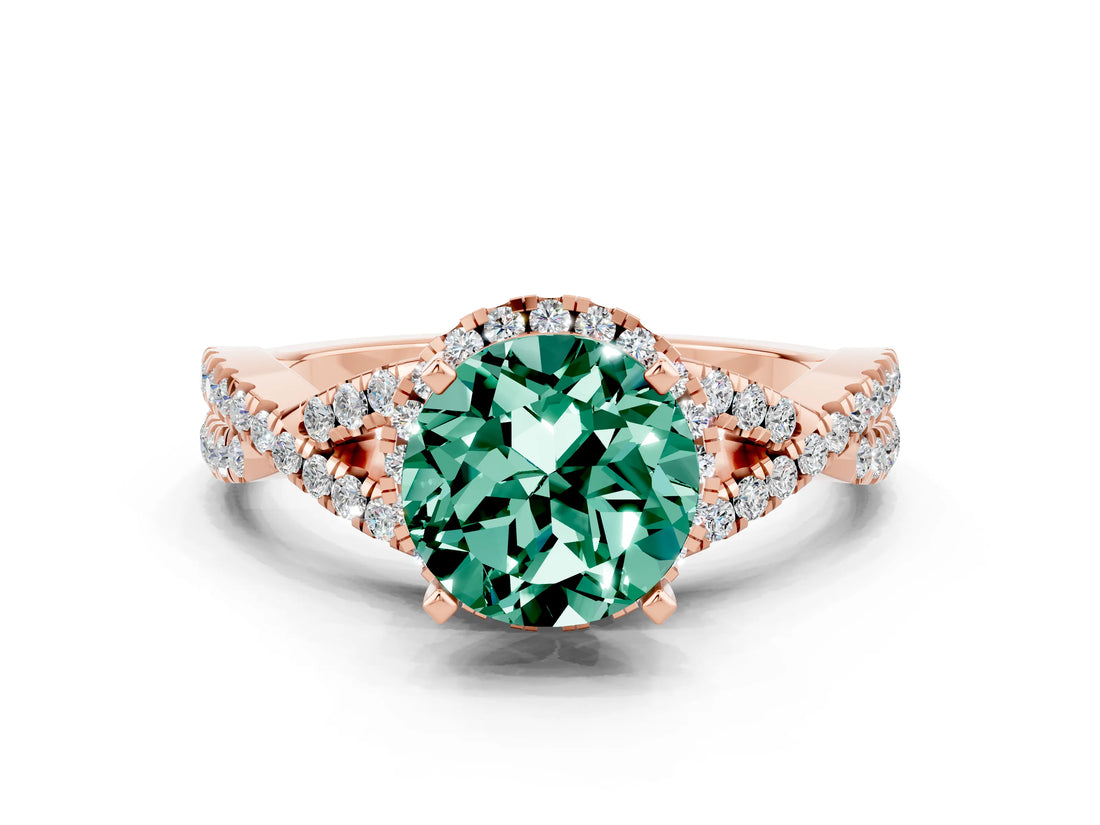Rose gold Round Cut Green Sapphire Halo Twist Band Solitaire Prong Setting Ring