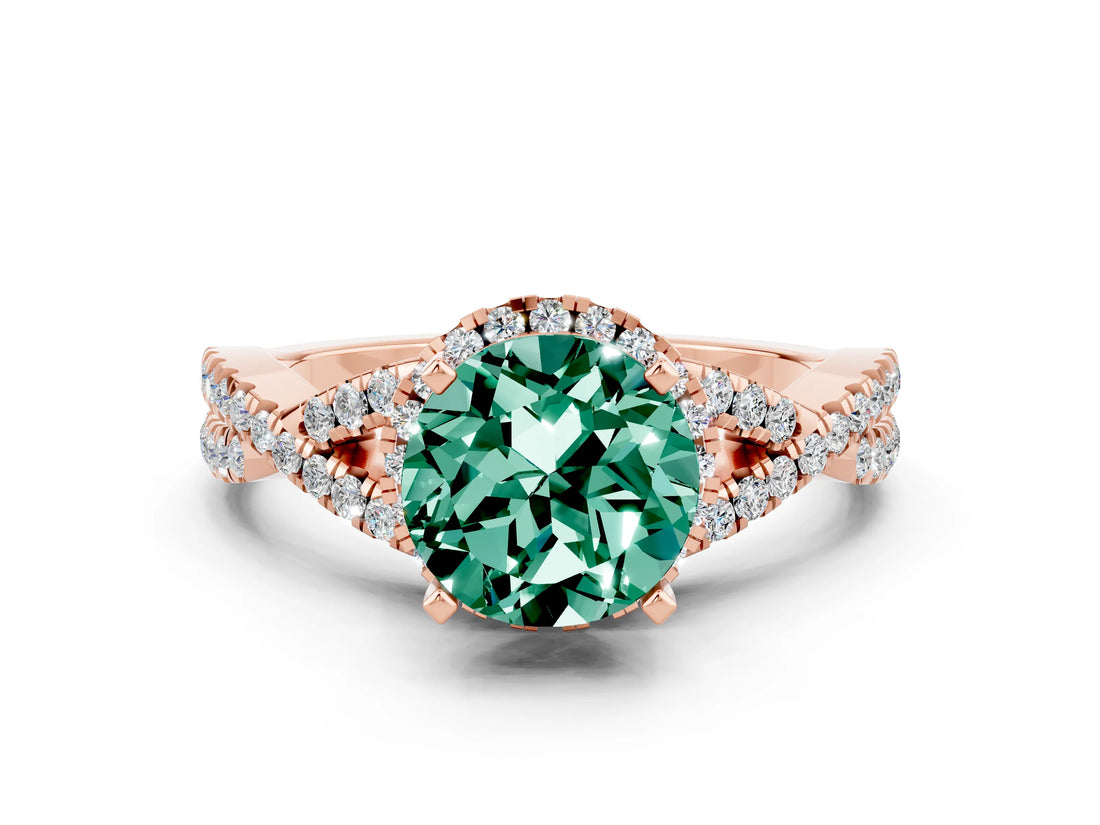 Rose gold Round Cut Green Sapphire  Halo Twist Band Solitaire Prong Setting Ring_36
