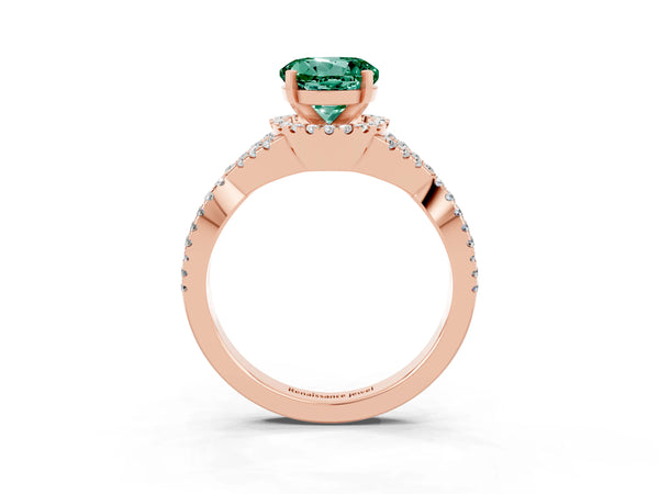 Rose gold Round Cut Green Sapphire  Halo Twist Band Solitaire Prong Setting Ring