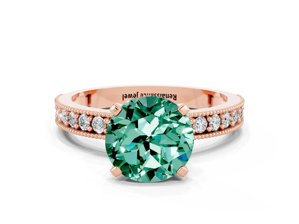 Rose gold Round Cut Green Sapphire Milgrain Pavé Engagement Ring with Four-Prong Setting