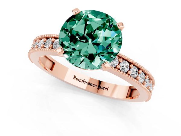 Rose gold Round Cut Green Sapphire Milgrain Pavé Engagement Ring with Four-Prong Setting