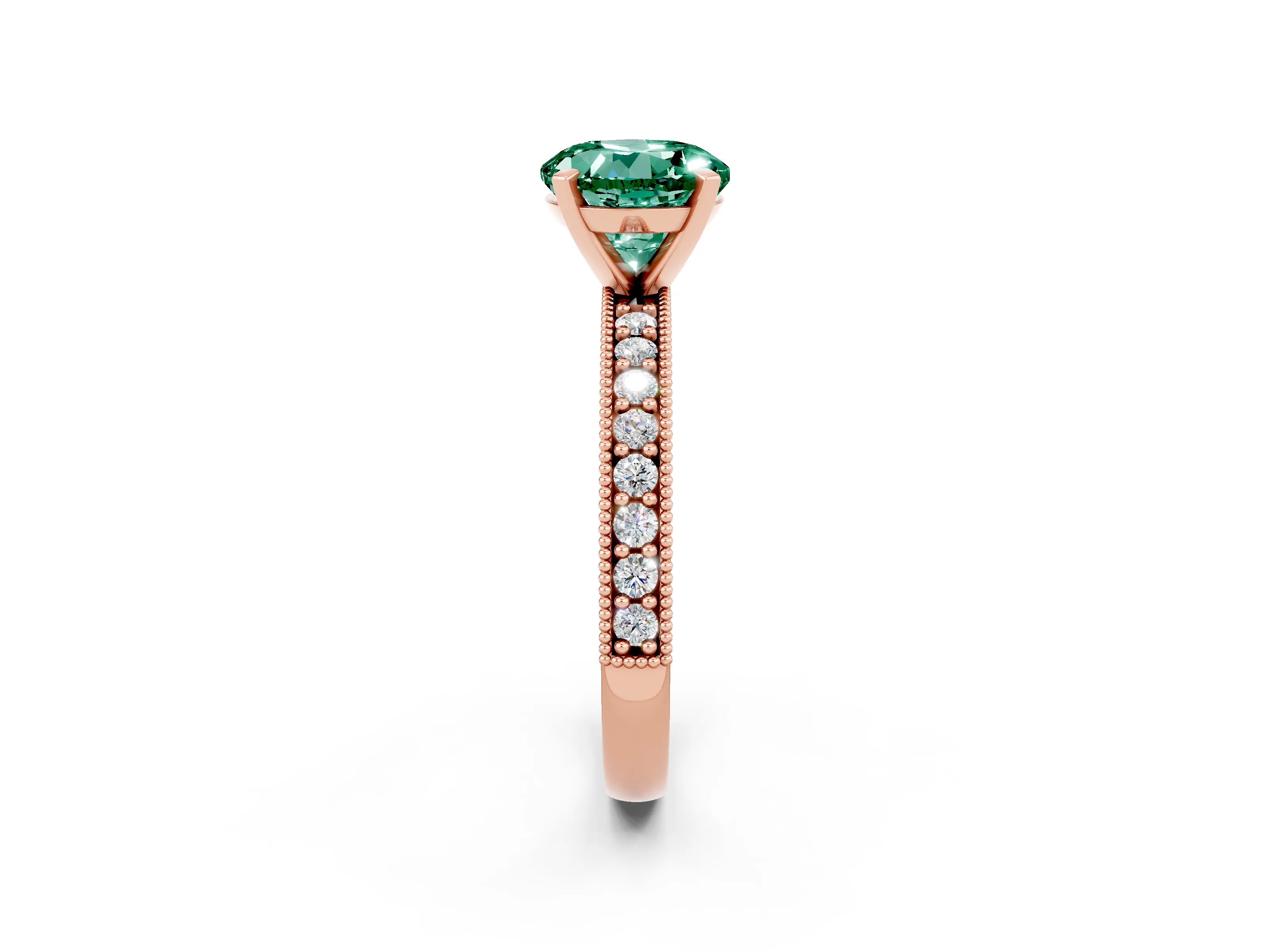 Rose gold Round Cut Green Sapphire Milgrain Pavé Engagement Ring with Four-Prong Setting_2
