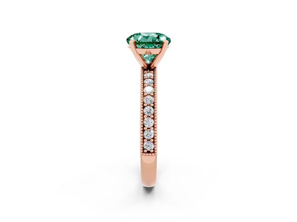 Rose gold Round Cut Green Sapphire Milgrain Pavé Engagement Ring with Four-Prong Setting