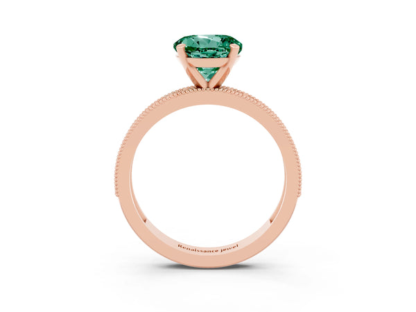 Rose gold Round Cut Green Sapphire Milgrain Pavé Engagement Ring with Four-Prong Setting