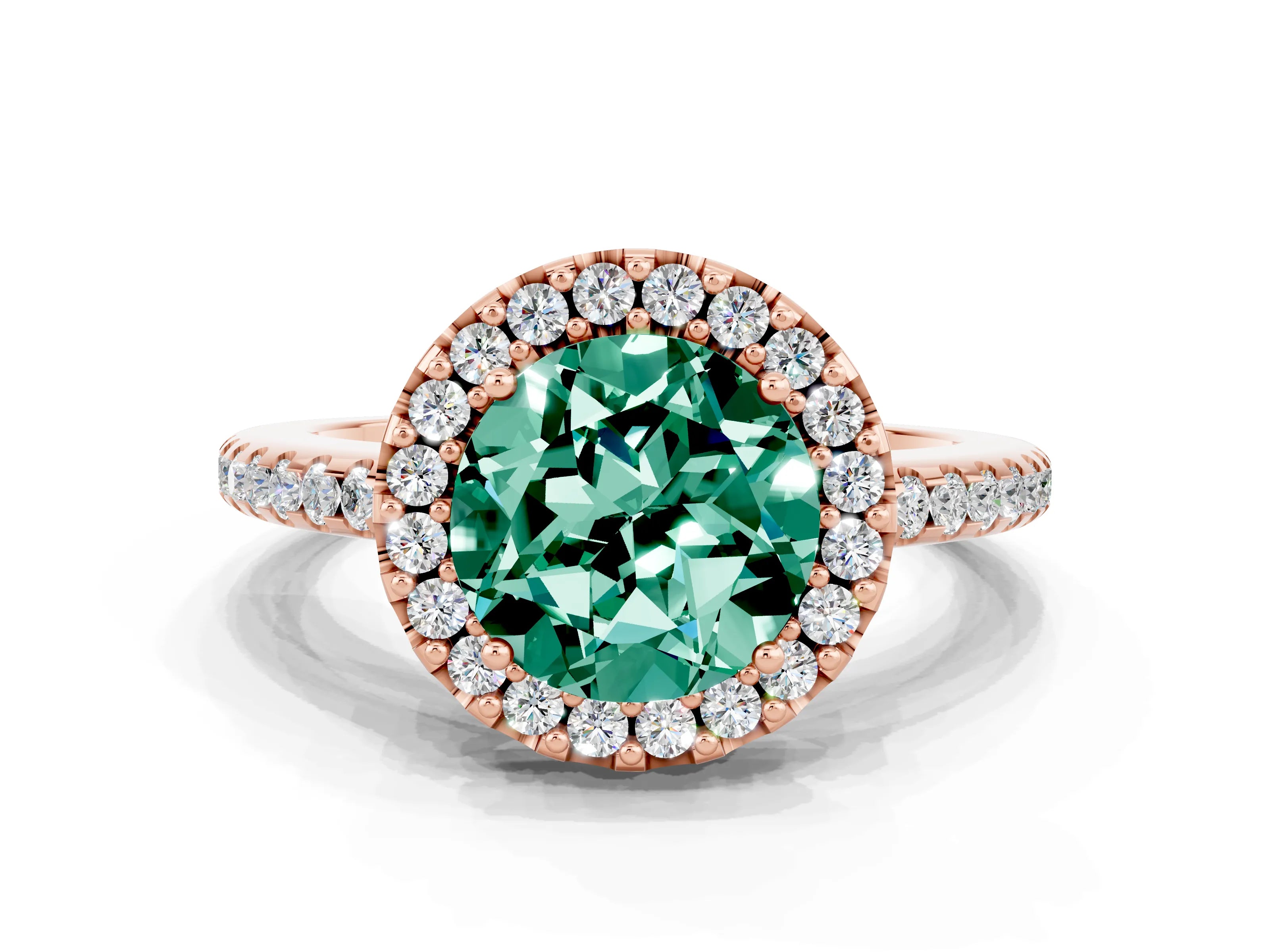 Rose gold Round Cut Green Sapphire Pavé Halo Ring with Four-Prong Setting_12
