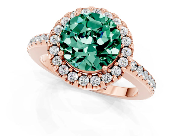 Rose gold Round Cut Green Sapphire Pavé Halo Ring with Four-Prong Setting