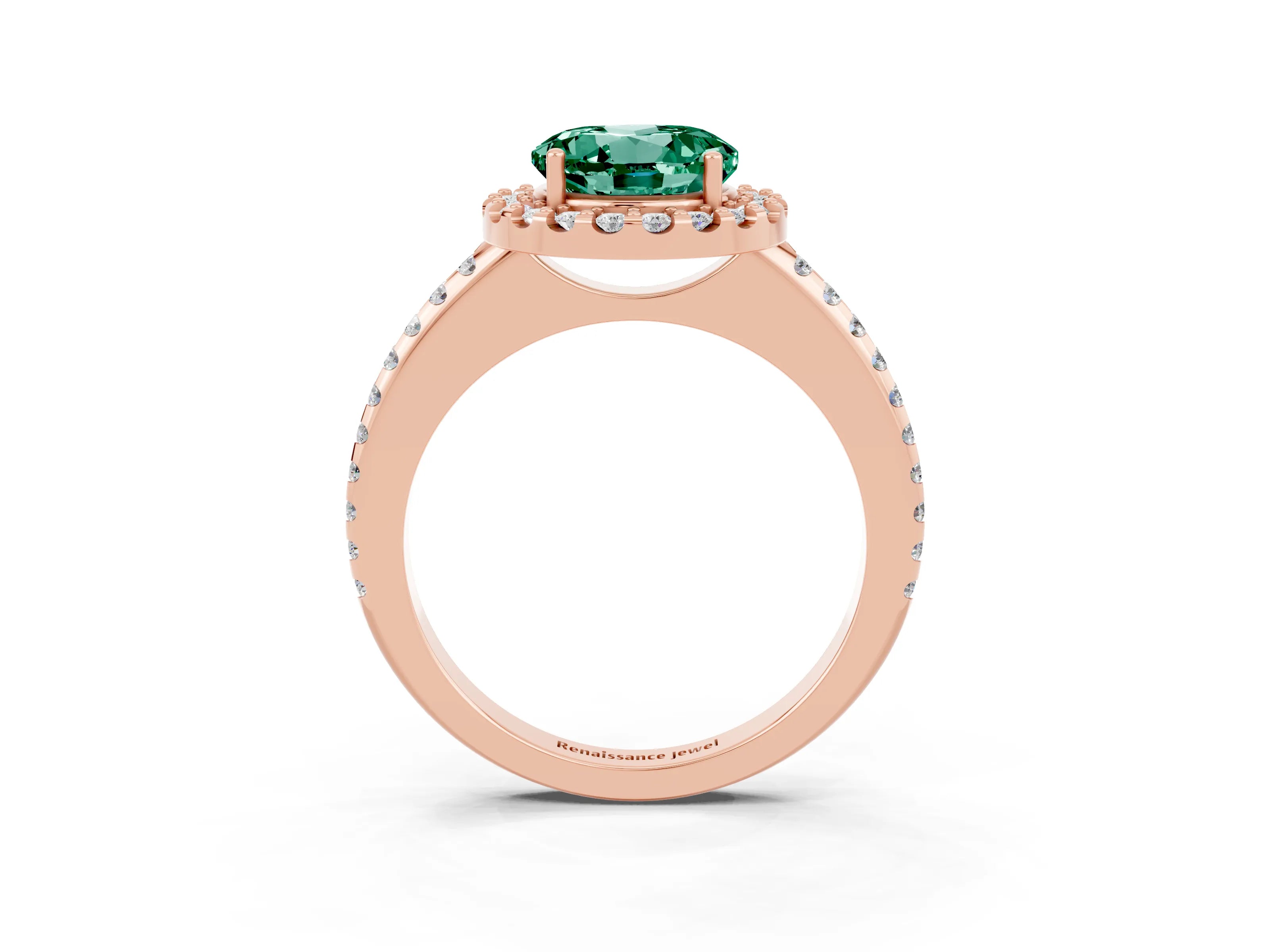Rose gold Round Cut Green Sapphire Pavé Halo Ring with Four-Prong Setting_15