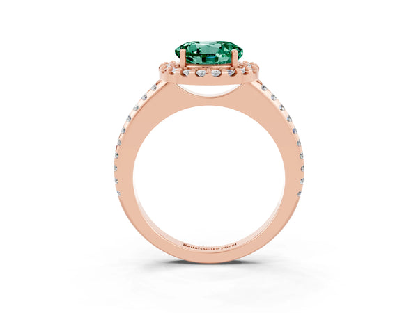 Rose gold Round Cut Green Sapphire Pavé Halo Ring with Four-Prong Setting