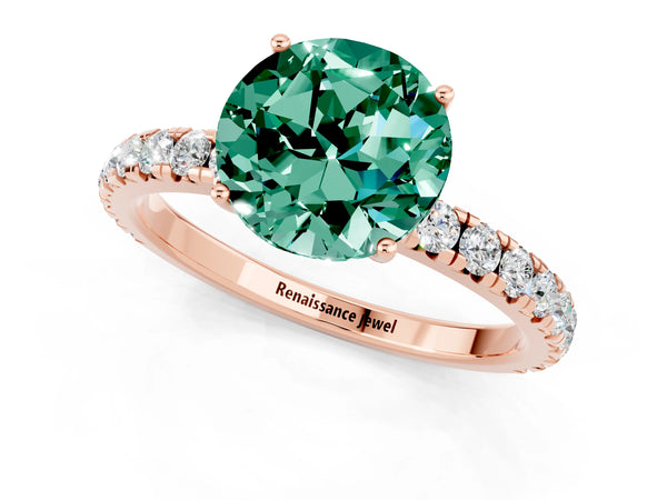 Rose gold Round Cut Green Sapphire Pavé Solitaire Engagement Ring with Four-Prong Setting