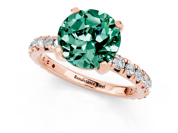 Rose gold Round Cut Green Sapphire Pavé Solitaire Ring with Round Band and Prong Setting