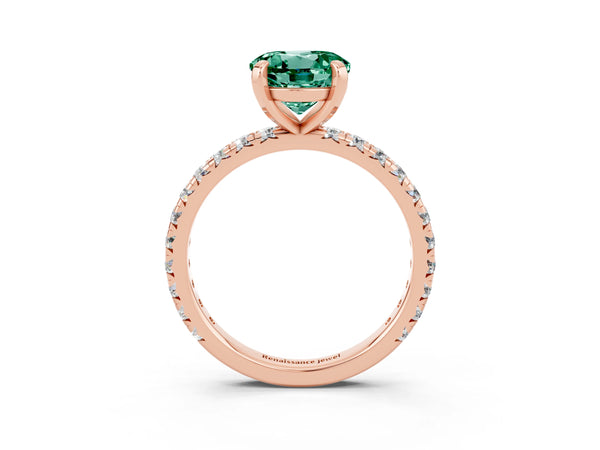 Rose gold Round Cut Green Sapphire Pavé Solitaire Ring with Round Band and Prong Setting