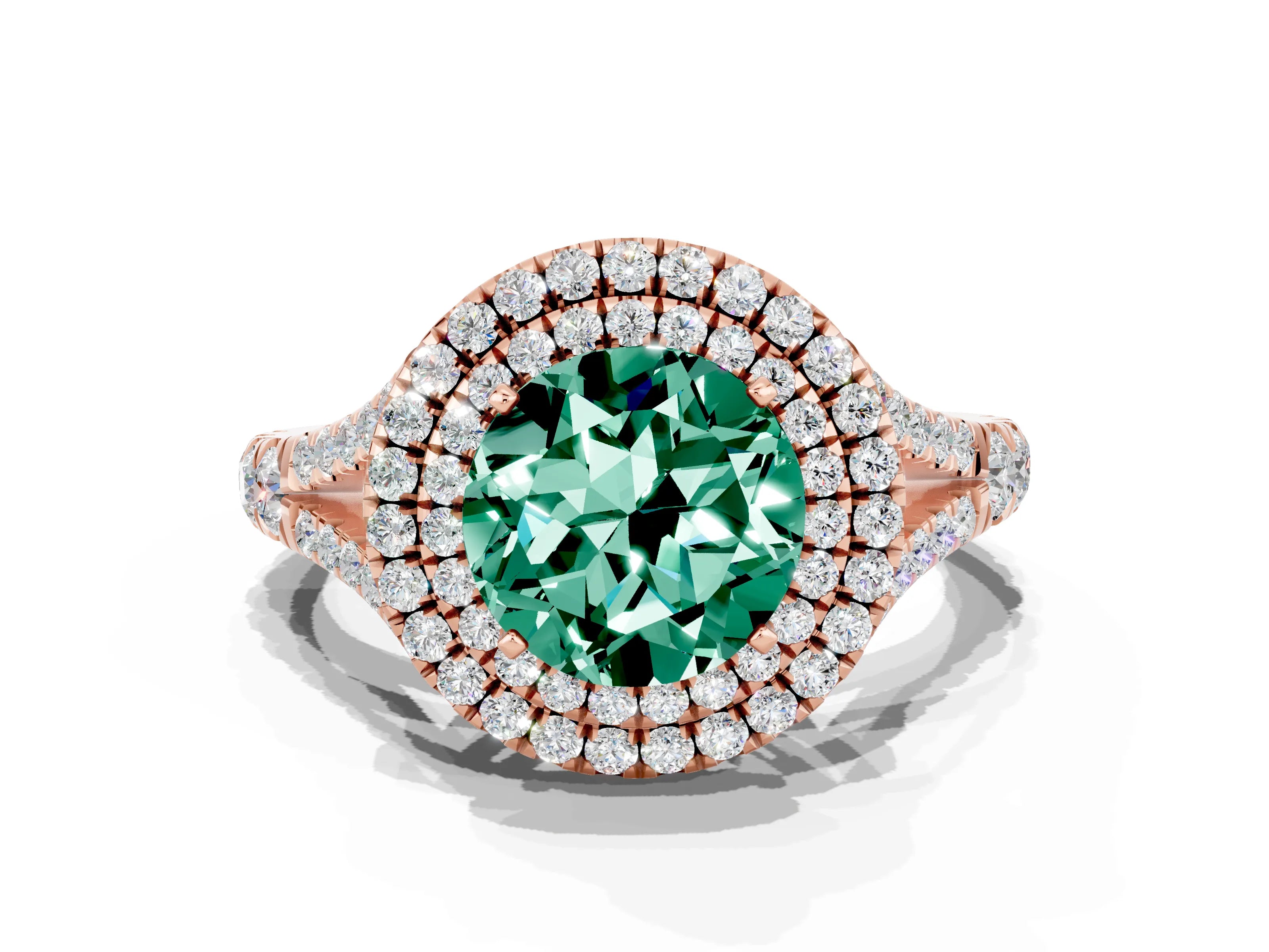 Rose gold Round Cut Green Sapphire Pavé Split Shank Double Halo Engagement Ring