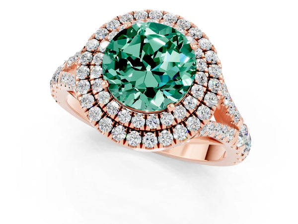 Rose gold Round Cut Green Sapphire Pavé Split Shank Double Halo Engagement Ring