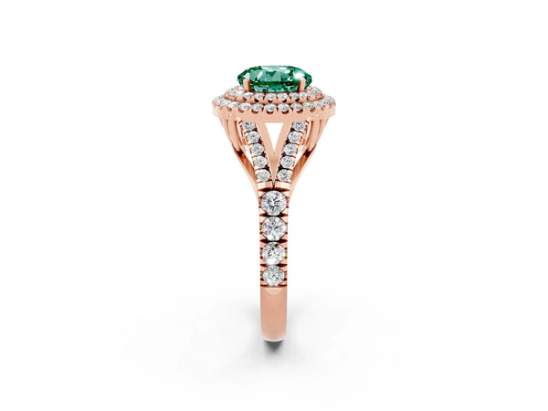 Rose gold Round Cut Green Sapphire Pavé Split Shank Double Halo Engagement Ring