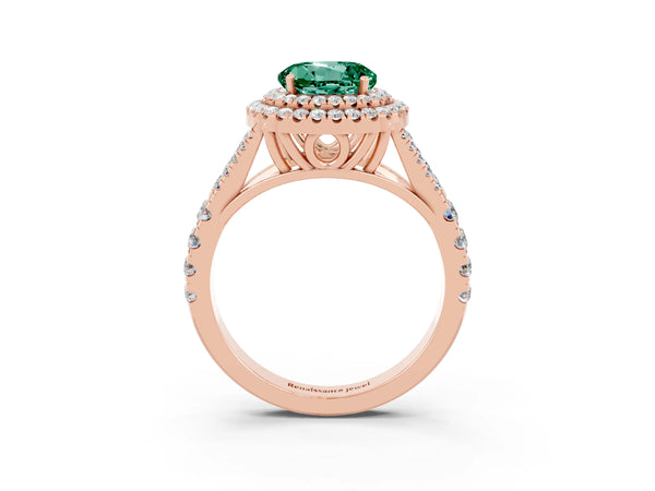 Rose gold Round Cut Green Sapphire Pavé Split Shank Double Halo Engagement Ring