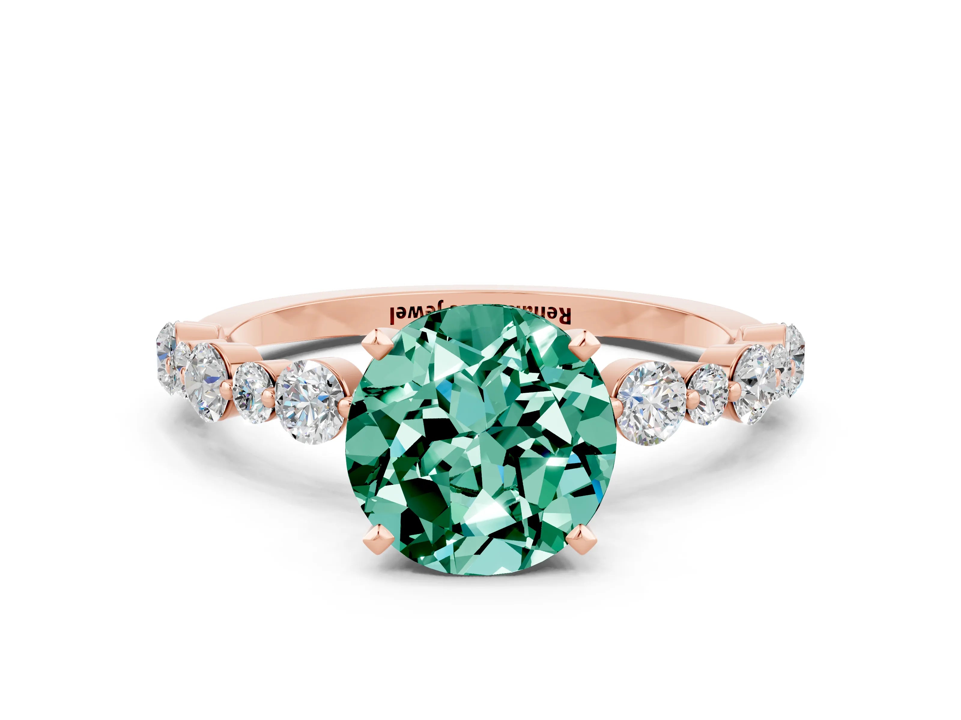 Rose gold Round Cut Green Sapphire Prong Set Engagement Ring with Pavé Band