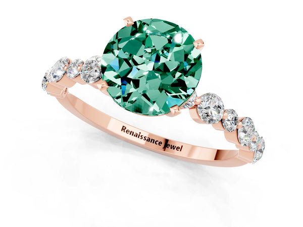 Rose gold Round Cut Green Sapphire Prong Set Engagement Ring with Pavé Band