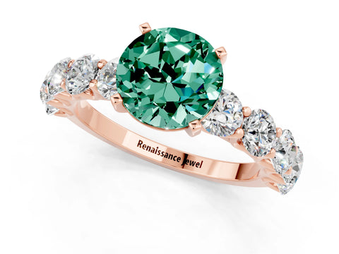 Rose gold Round Cut Green Sapphire Prong Setting with Side Stones on a Pave Band_1