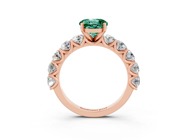 Rose gold Round Cut Green Sapphire Prong Setting with Side Stones on a Pave Band