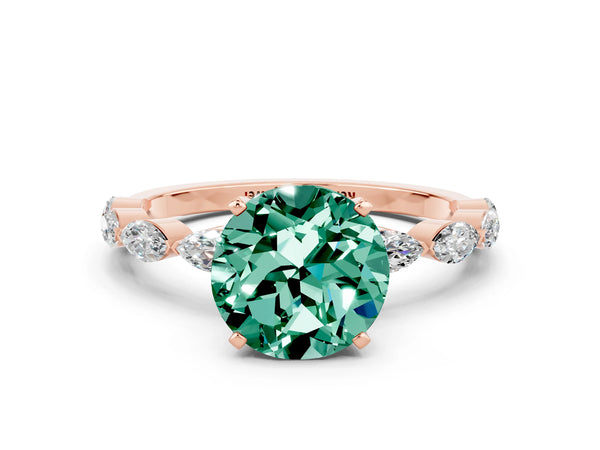 Rose gold Round Cut Green Sapphire Ring with Marquise Side Stones and Prong Setting