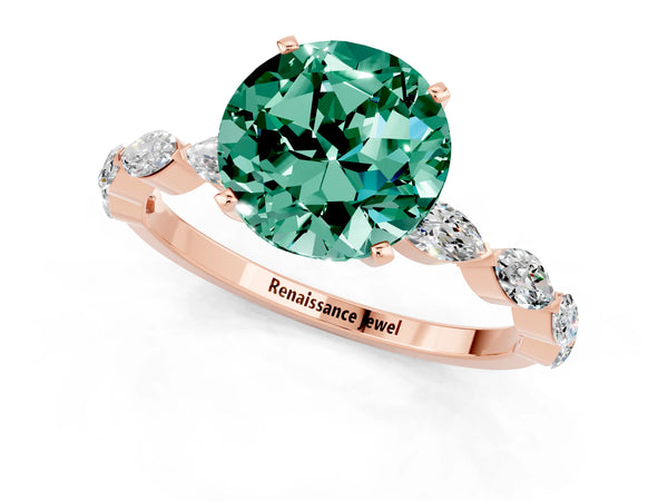 Rose gold Round Cut Green Sapphire Ring with Marquise Side Stones and Prong Setting