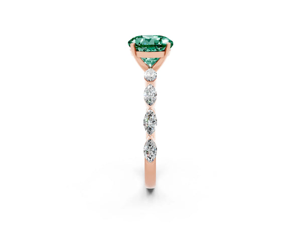 Rose gold Round Cut Green Sapphire Ring with Marquise Side Stones and Prong Setting