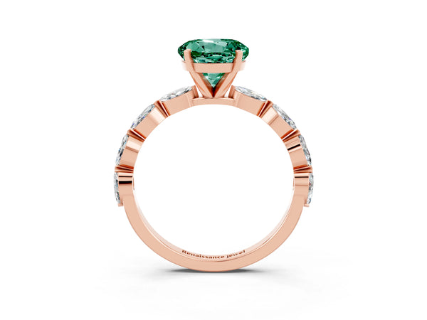 Rose gold Round Cut Green Sapphire Ring with Marquise Side Stones and Prong Setting