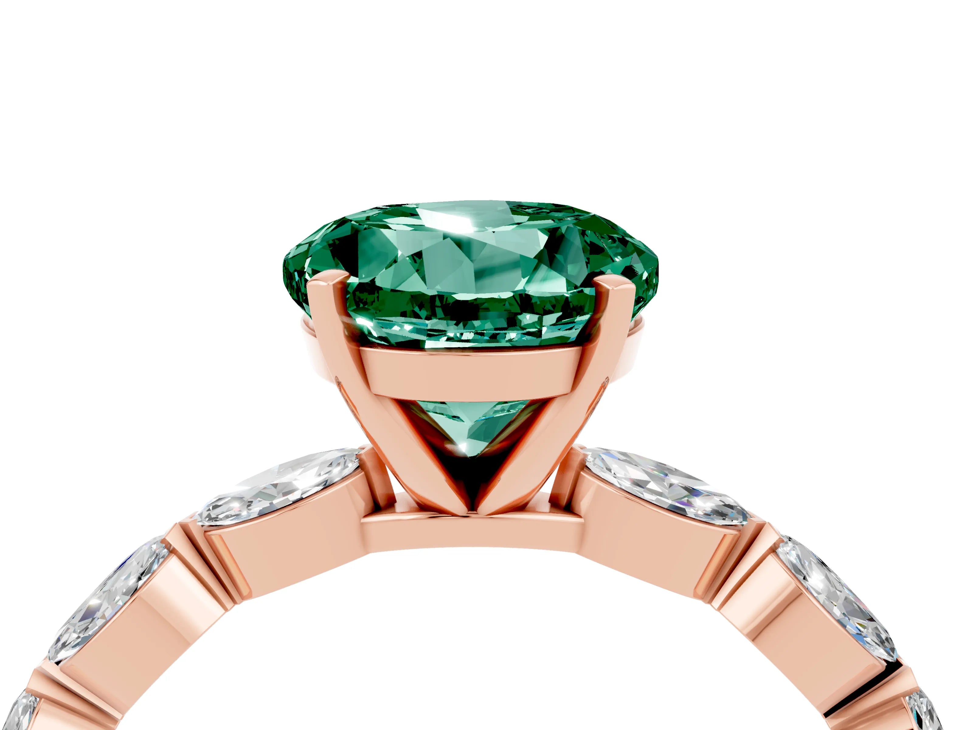 Rose gold Round Cut Green Sapphire Ring with Marquise Side Stones and Prong Setting_4