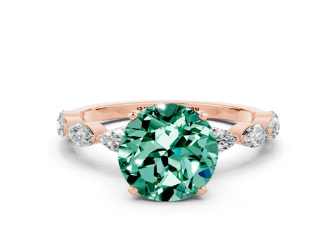 Rose gold Round Cut Green Sapphire Ring with Marquise Side Stones and Prong Setting