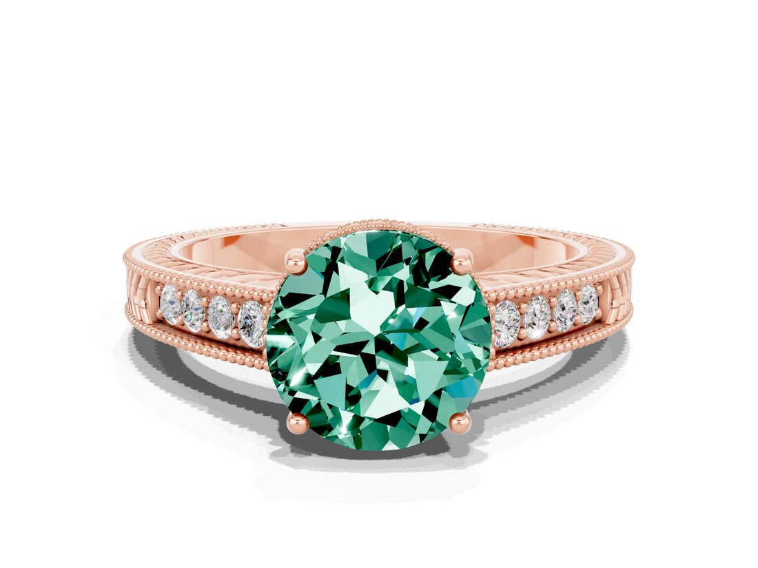 Rose gold Round Cut Green Sapphire Ring with Milgrain Pavé Band and Four-Prong Setting_12