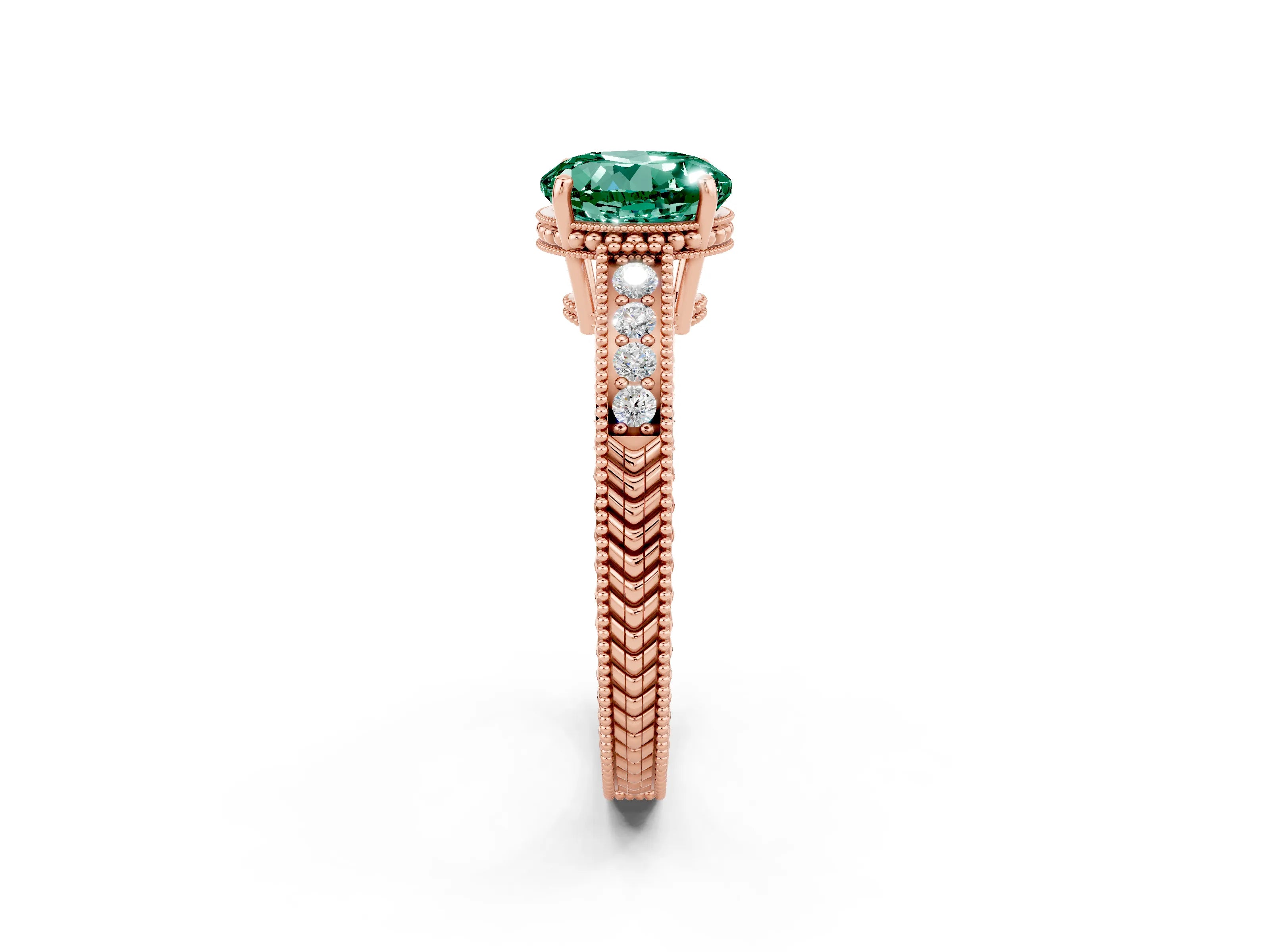 Rose gold Round Cut Green Sapphire Ring with Milgrain Pavé Band and Four-Prong Setting_14