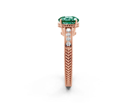 Rose gold Round Cut Green Sapphire Ring with Milgrain Pavé Band and Four-Prong Setting_14