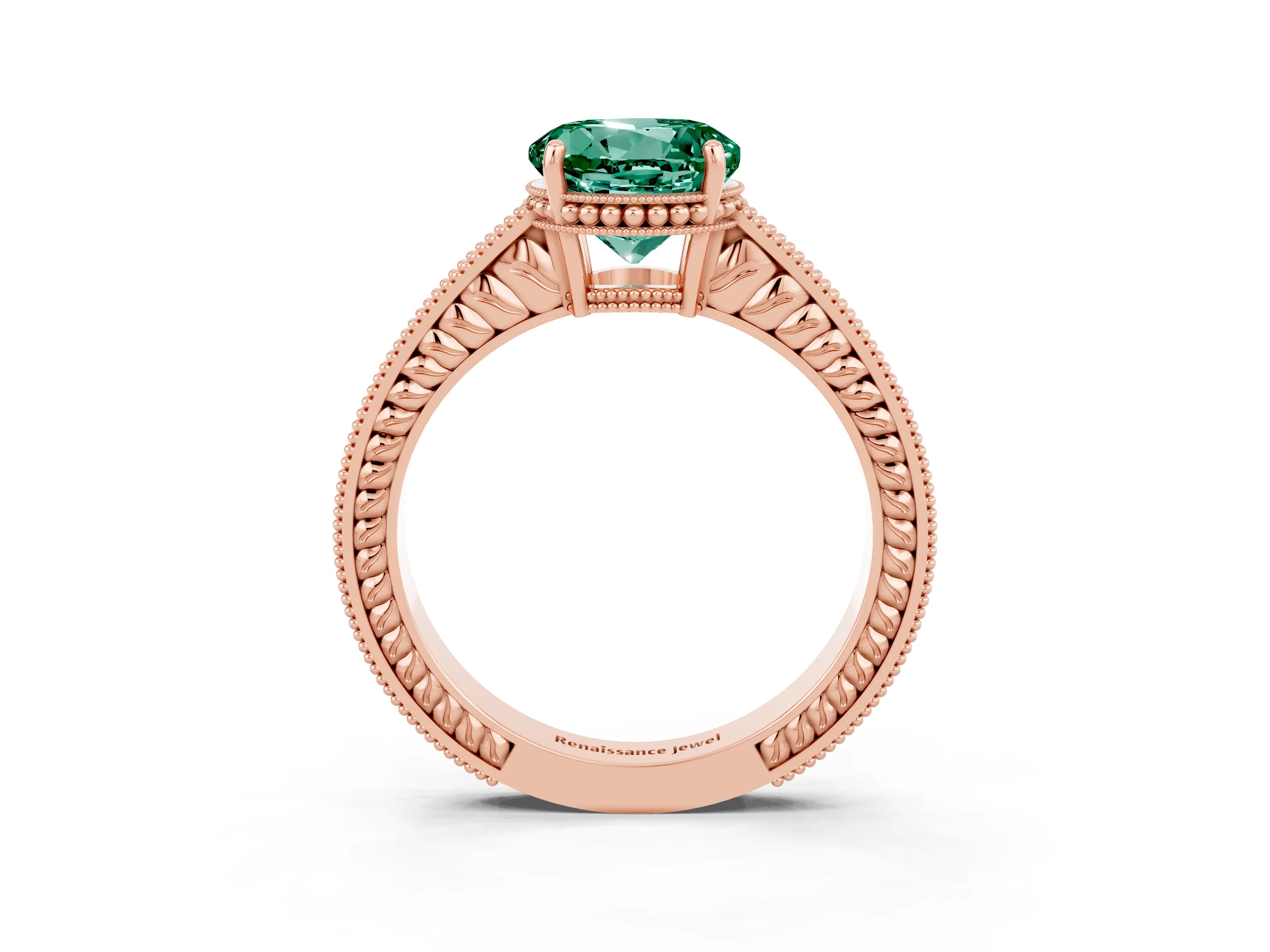 Rose gold Round Cut Green Sapphire Ring with Milgrain Pavé Band and Four-Prong Setting_15