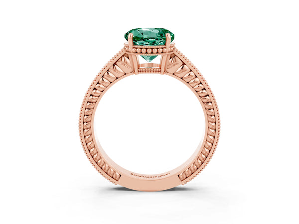 Rose gold Round Cut Green Sapphire Ring with Milgrain Pavé Band and Four-Prong Setting