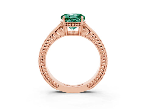 Rose gold Round Cut Green Sapphire Ring with Milgrain Pavé Band and Four-Prong Setting_15