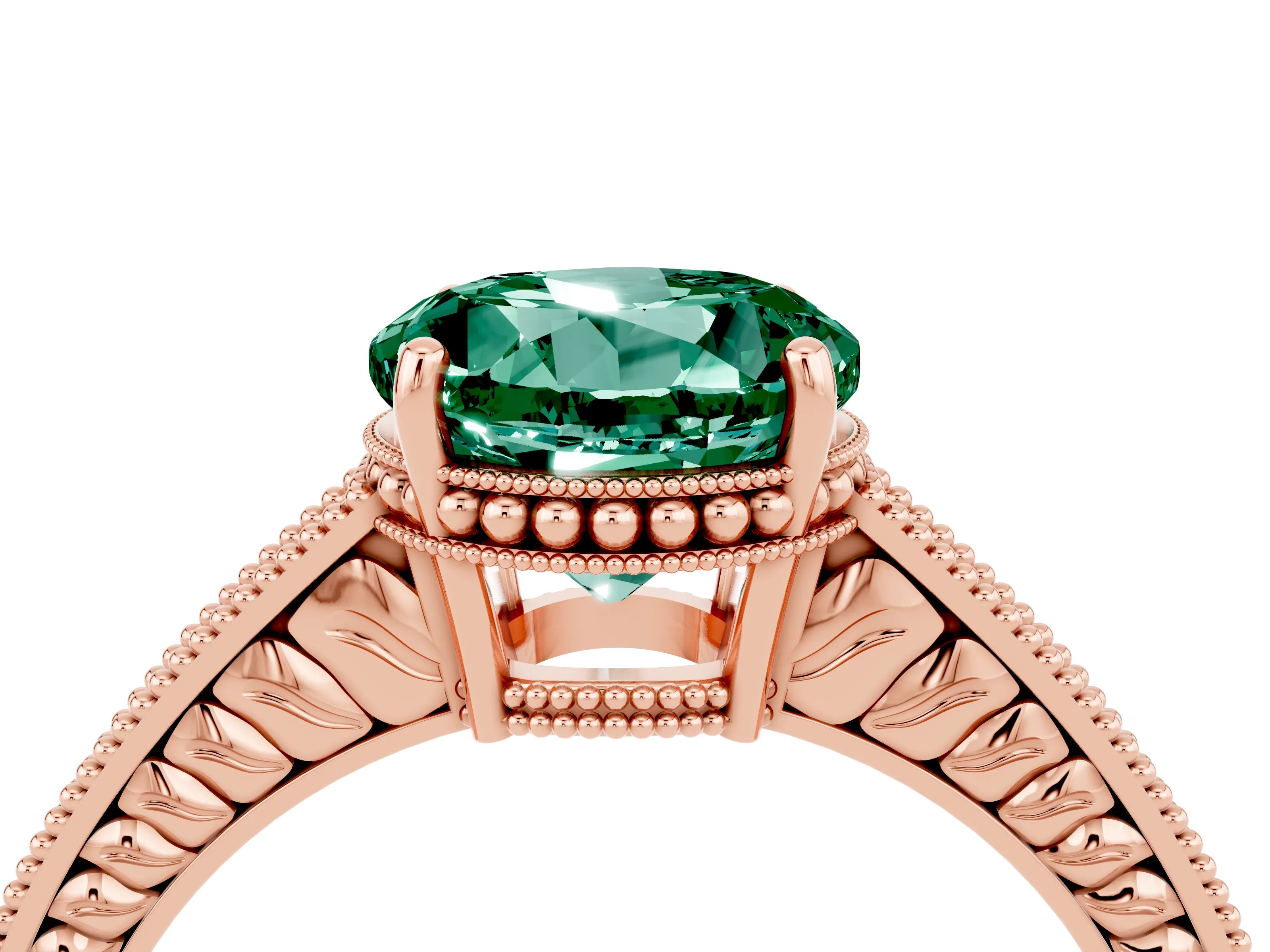 Rose gold Round Cut Green Sapphire Ring with Milgrain Pavé Band and Four-Prong Setting_16