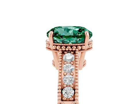 Rose gold Round Cut Green Sapphire Ring with Milgrain Pavé Band and Four-Prong Setting_17