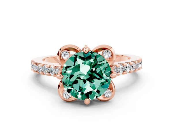 Rose gold Round Cut Green Sapphire Ring with Pavé Band and Floral Prong Setting