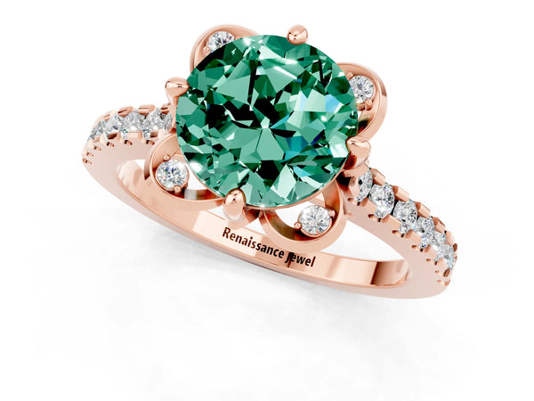 Rose gold Round Cut Green Sapphire Ring with Pavé Band and Floral Prong Setting