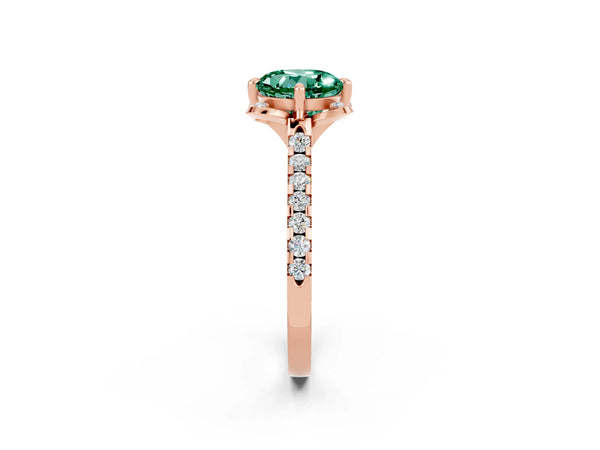 Rose gold Round Cut Green Sapphire Ring with Pavé Band and Floral Prong Setting