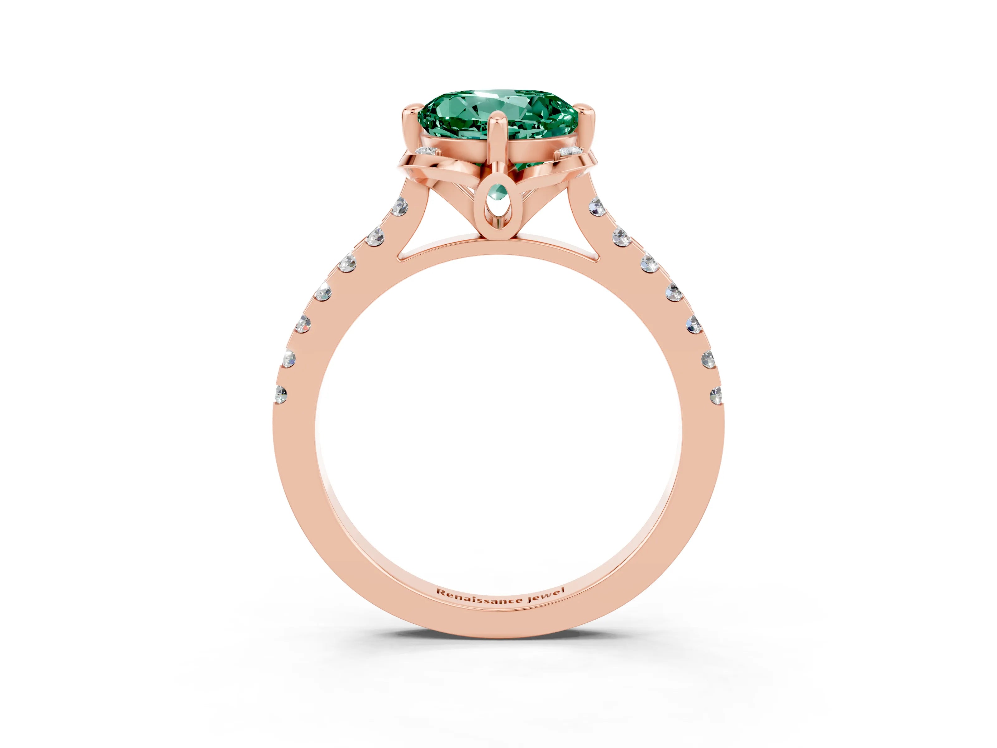Rose gold Round Cut Green Sapphire Ring with Pavé Band and Floral Prong Setting_3
