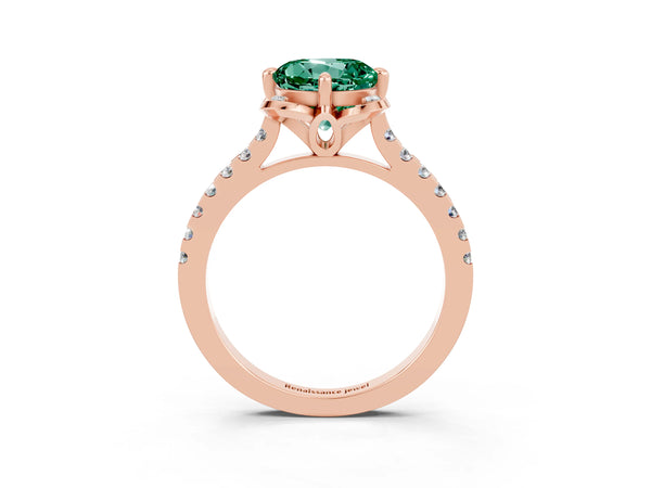 Rose gold Round Cut Green Sapphire Ring with Pavé Band and Floral Prong Setting