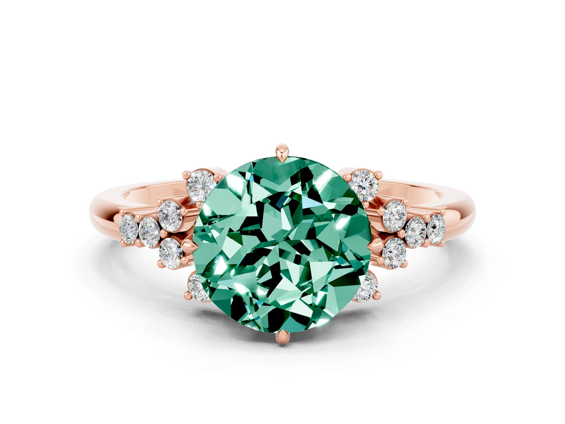 Rose gold Round Cut Green Sapphire Ring with Side Stones and Four-Prong Setting_36