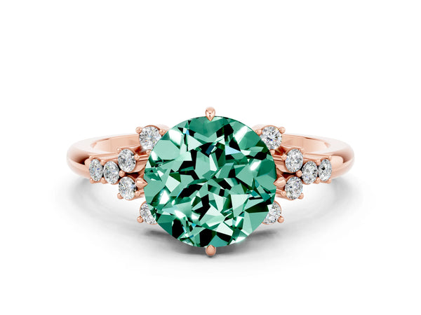 Rose gold Round Cut Green Sapphire Ring with Side Stones and Four-Prong Setting