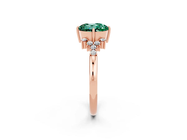 Rose gold Round Cut Green Sapphire Ring with Side Stones and Four-Prong Setting