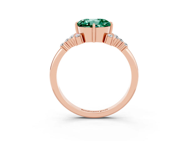 Rose gold Round Cut Green Sapphire Ring with Side Stones and Four-Prong Setting